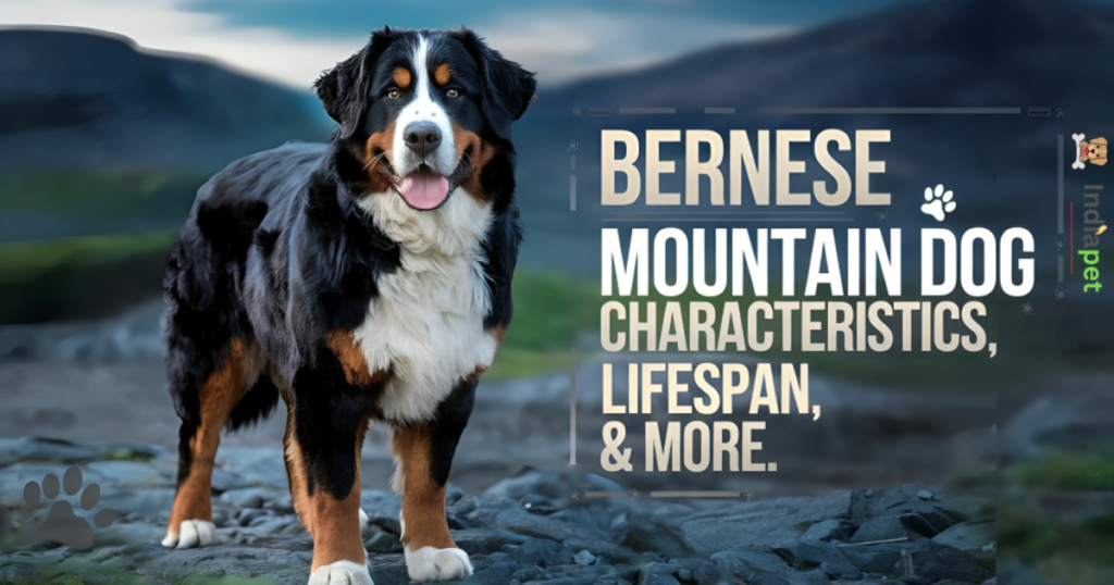 "Bernese Mountain Dog Characteristics they are standing in a grassy field showcasing its sturdy build and tricolor coat."