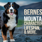 "Bernese Mountain Dog Characteristics they are standing in a grassy field showcasing its sturdy build and tricolor coat."