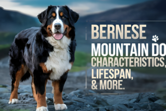 "Bernese Mountain Dog Characteristics they are standing in a grassy field showcasing its sturdy build and tricolor coat."