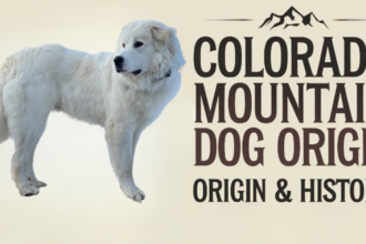 "Colorado Mountain Dog standing in a picturesque landscape."