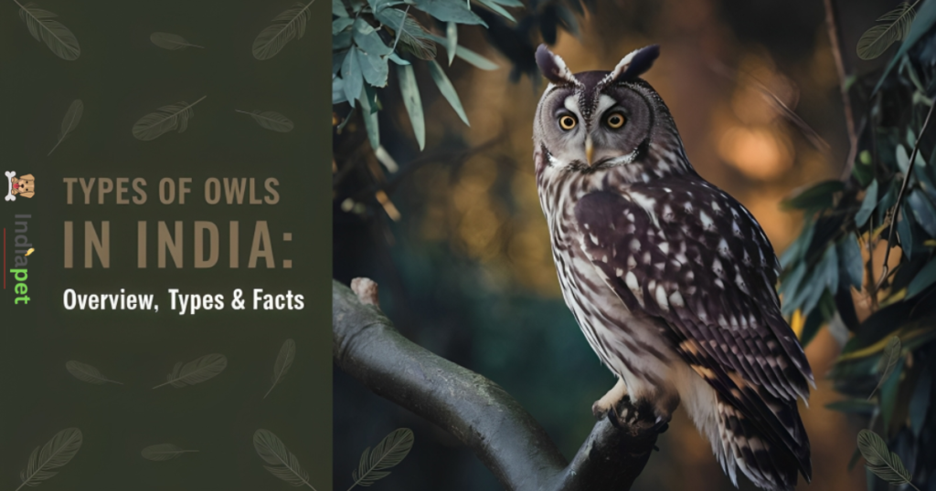 "Types of Owls in India and Indian Eagle Owl perched on a branch with its large orange eyes and ear tufts."